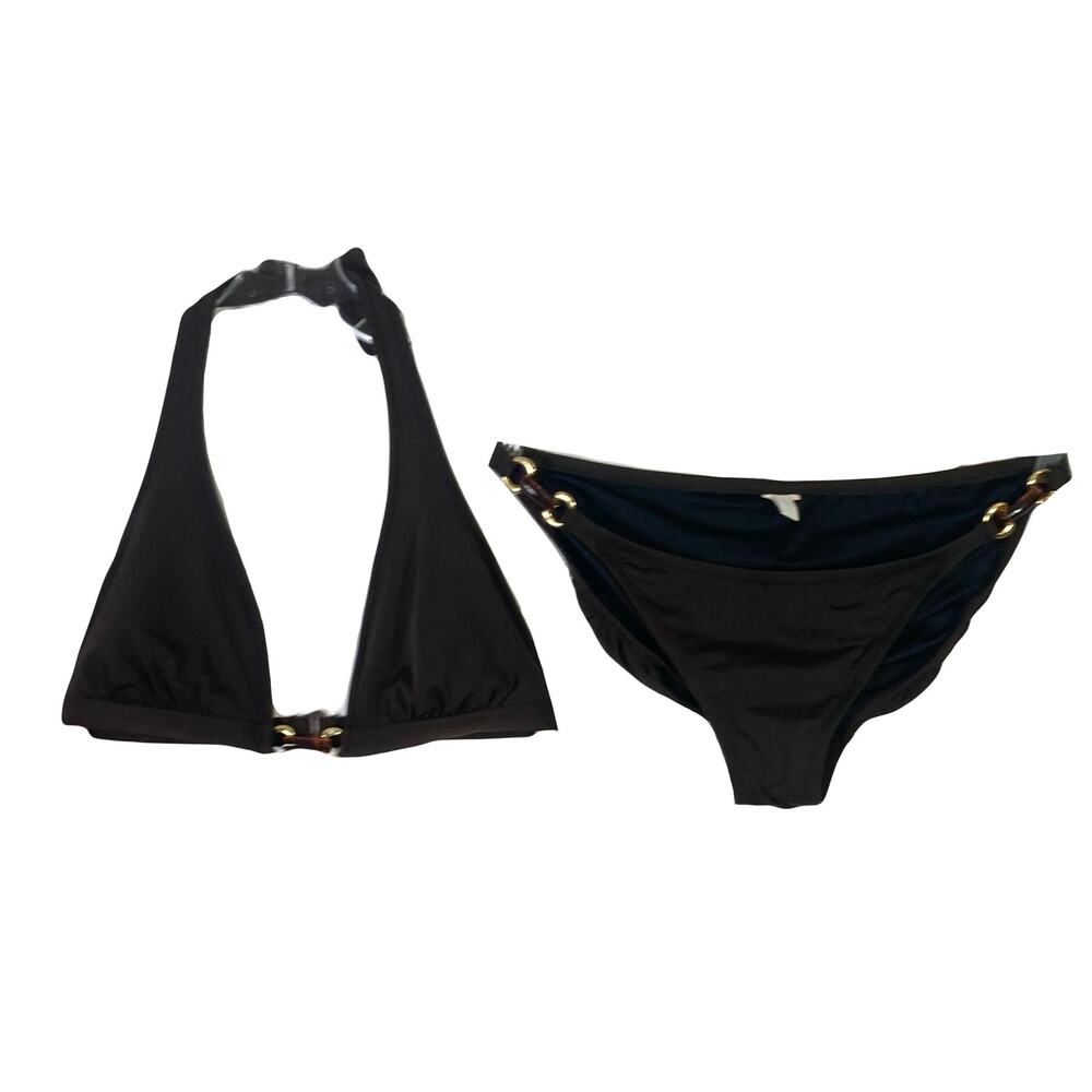 J CREW Bikini 2Pc Set~S~M Chocolate-Brown Gold-Chain Embellishment Bow Hook Soft